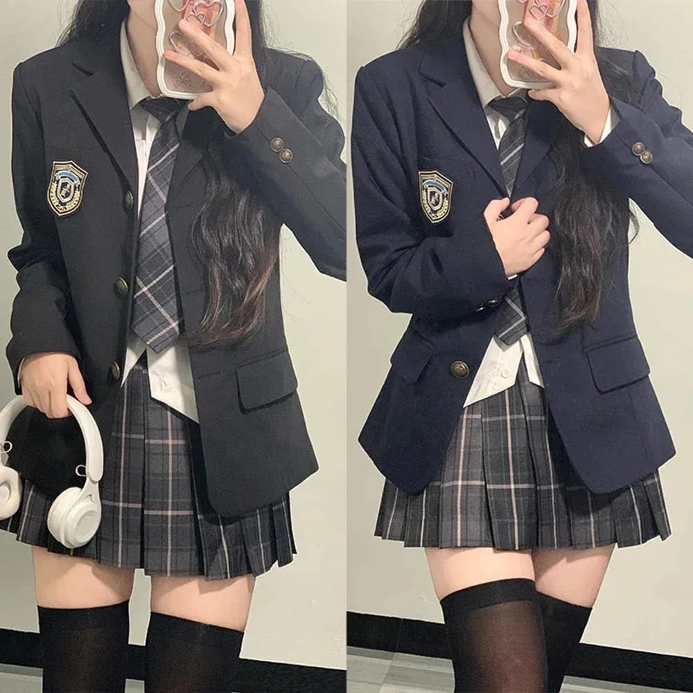 Japanska skoluniformer för tjej Autumn Winter Multicolor Long Blazer sätter veckad kjol JK Sailor Tie Anime Cos Costume 240323