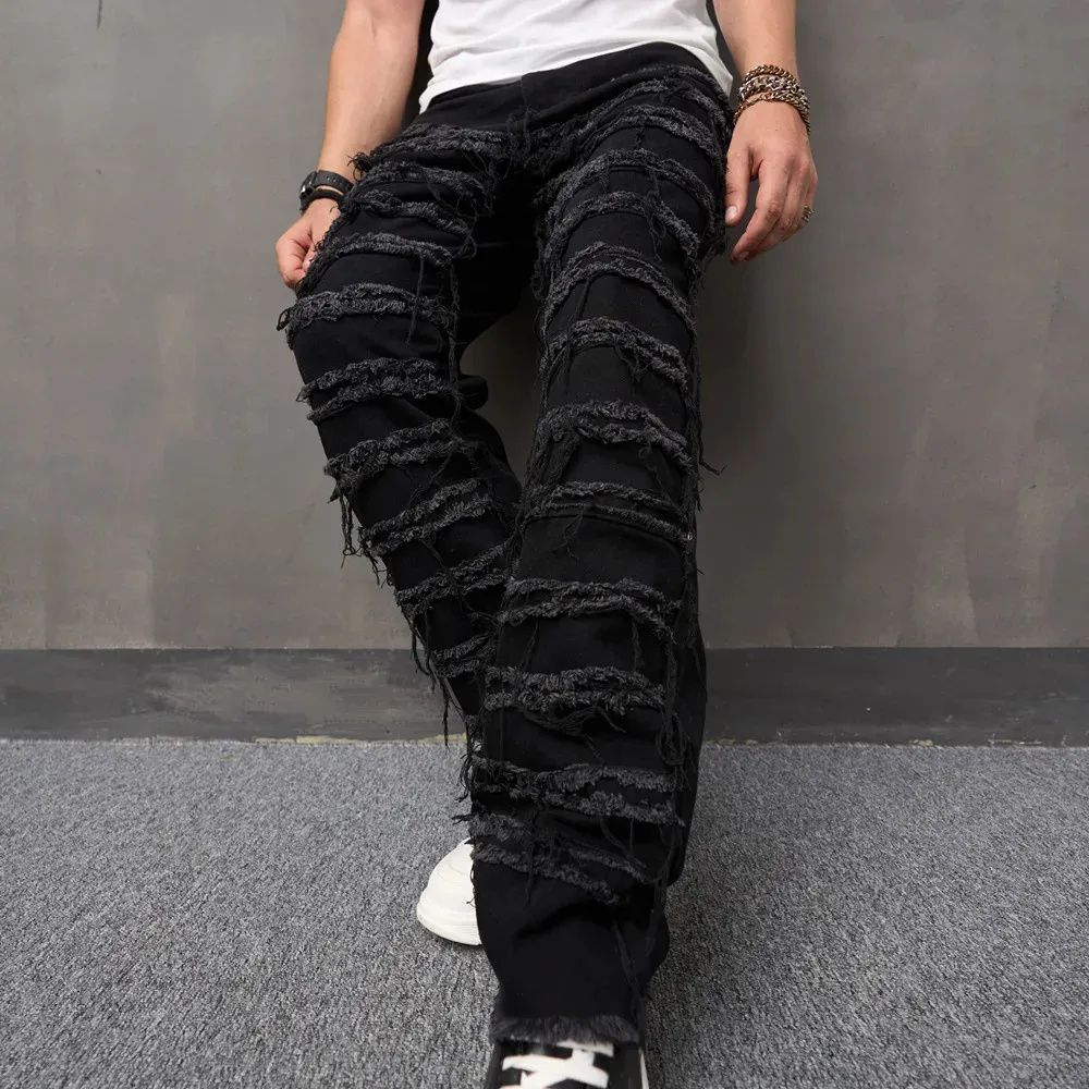 Mężczyźni High Street Stylish Riste Patch Patters Pants Mężczyzna luźne proste swobodne spodnie dżinsowe 240313