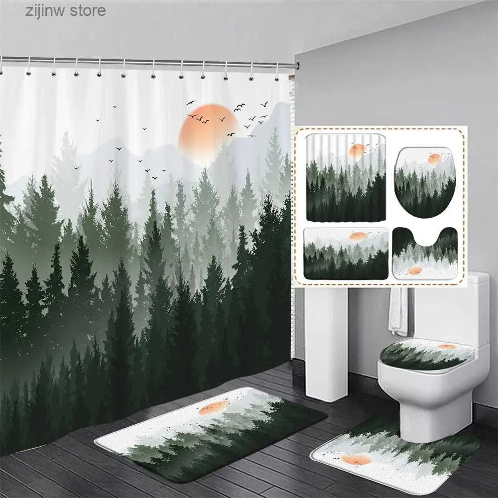 Douchegordijnen Misty Forest Douchegordijn Set Abstract Bergpijnboom Herfstlandschap Badkamer Decor Antislipkleed Badmat Toiletdeksel Cover Y240316