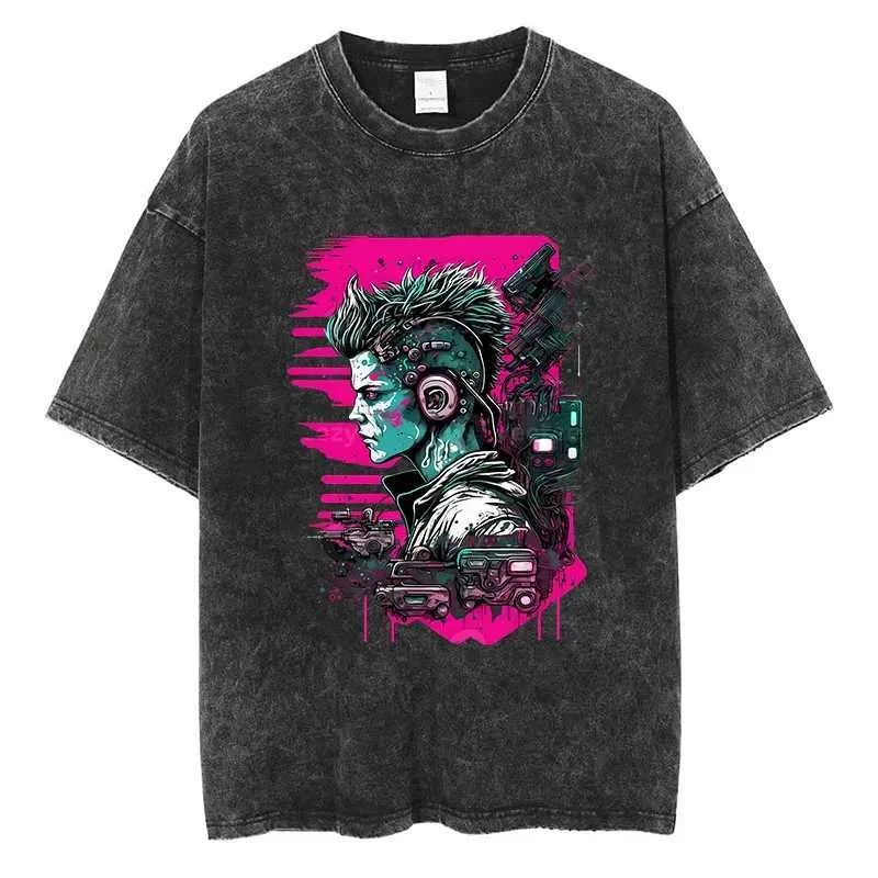 Camisas casuais masculinas Cyber ​​punk cartoon gráfico camiseta oversized y2k harajuku moda homens mulheres hip hop rock streetwear algodão vintage preto teesc24315