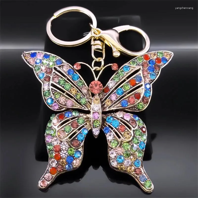 Keychains Aesthetic Butterfly Keyring for Women Colorful Rhinestone Metal Gold Color Purse Bag Accessories smycken Chaveiro K5370