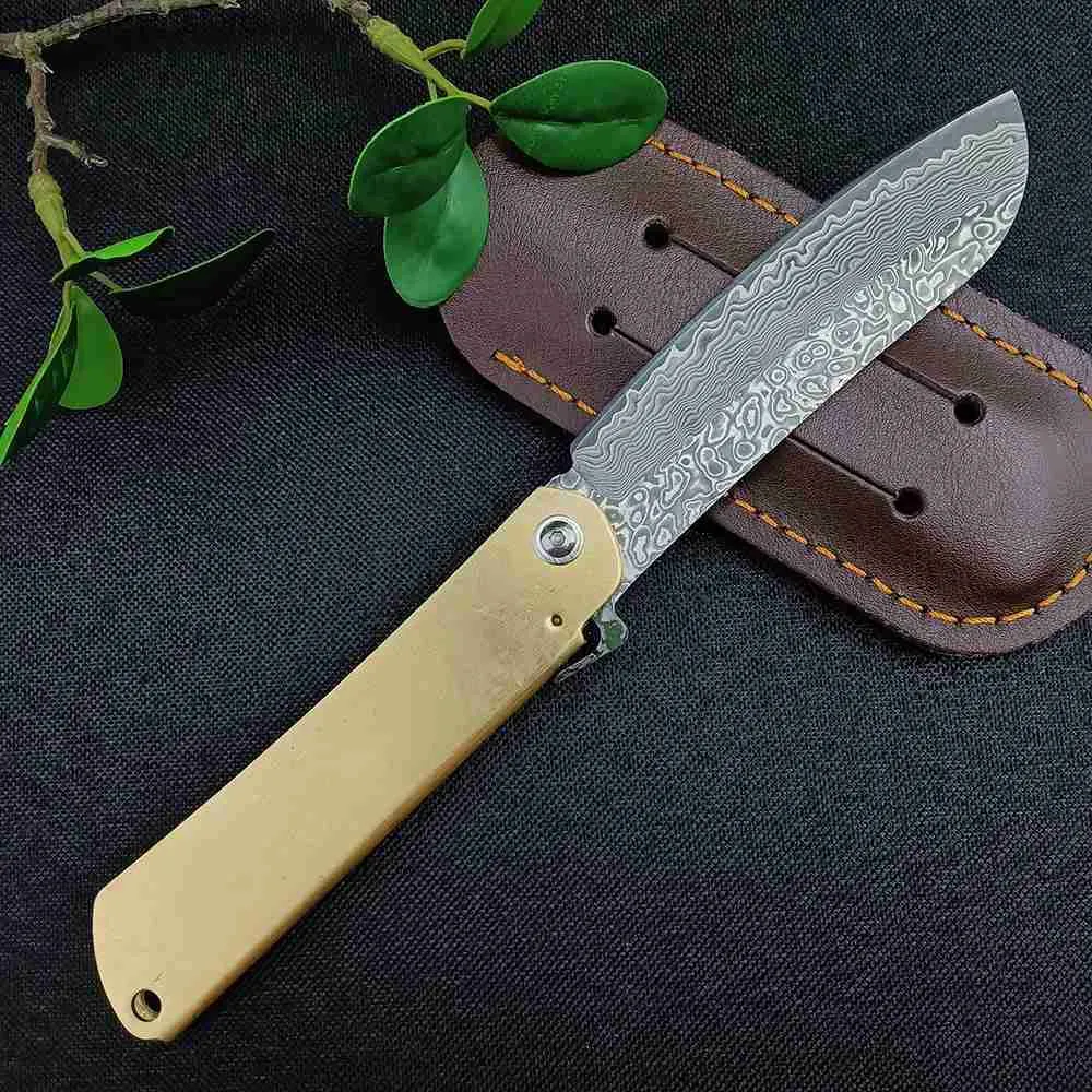 Tactical Knives Damascus Steel Kitchen Knife Cutting Fruit Tools Outdoor Portable Brass Handle Pocket Hunting Camping Folding Knife EDC SurvivalL2403