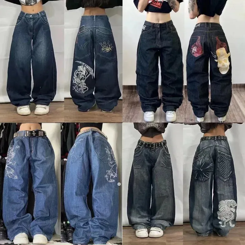 Y2K Baggy Jeans Streetwear Damen Hip Hop Totenkopf Grafik Jeans Schwarze Hose Harajuku Gothic High Waisted Wide Leg Hose 240313