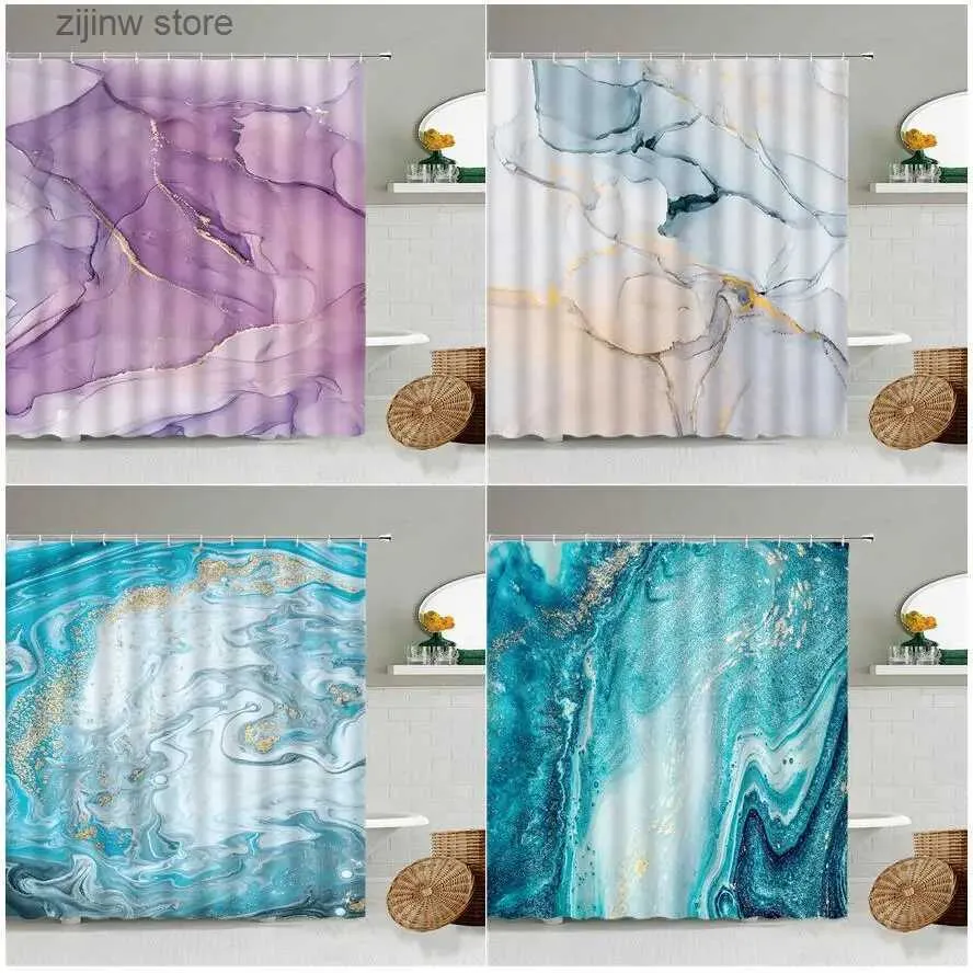 Shower Curtains Abstract Marble Shower Curtains Creative Design Purple Blue Geometric Bath Curtain Modern Fabric Bathroom Accessories Decor Sets Y240316