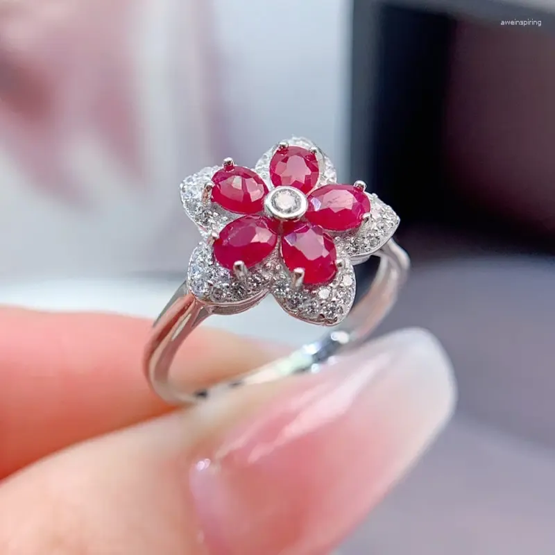 DHgate.com:925 Sterling Silver Red Ruby Flower Ring, 0.35ct