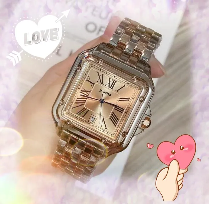 Japan Quartz Movment Fashion Men tittar på Auto Date Square Roman Tank Clock Crystal Mirror Armband Business Casual Full rostfritt stål Rose Gold Silver Color Watches