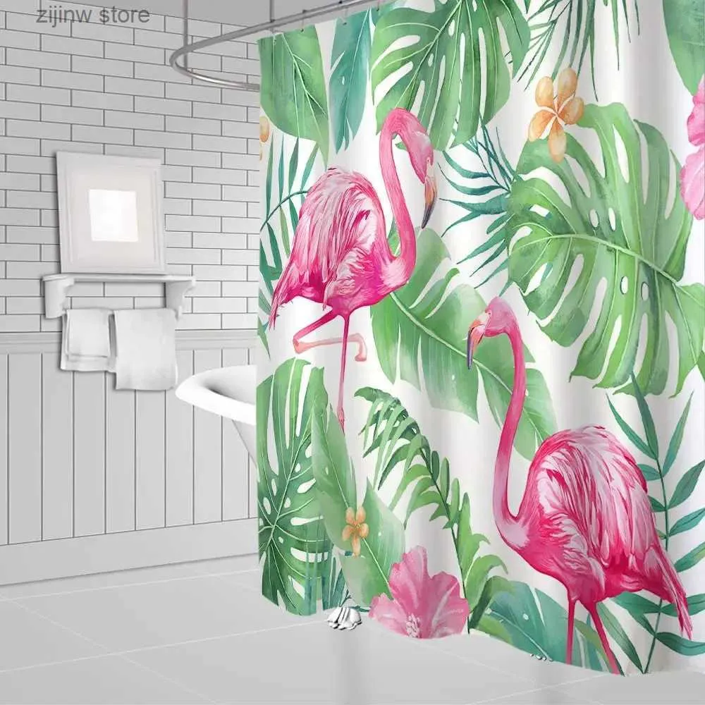 Tende da doccia Fenicottero rosa Verde Foglie tropicali Tende da doccia Monstera Foglia di palma Giungla Tessuto vegetale Tenda da bagno Decor Set con ganci Y240316