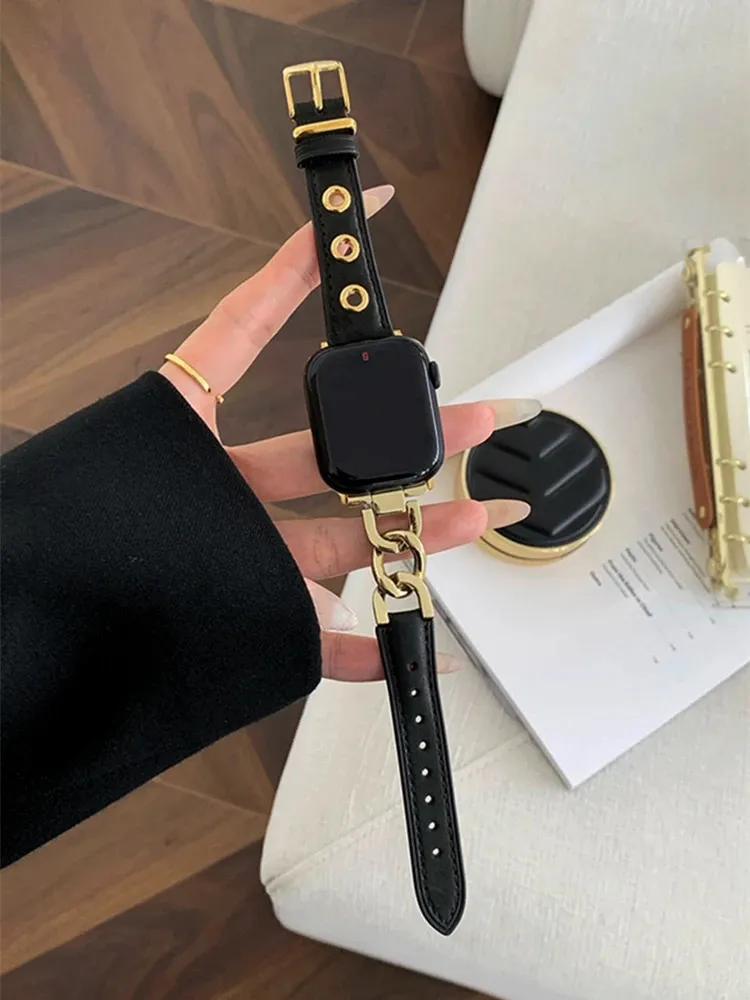Bracelet en cuir véritable en métal de conception de luxe pour iWatch série 8 7 6 5 4 3 SE femmes bracelet mince pour montre 41mm 40mm 45mm 44mm 49mm 240313