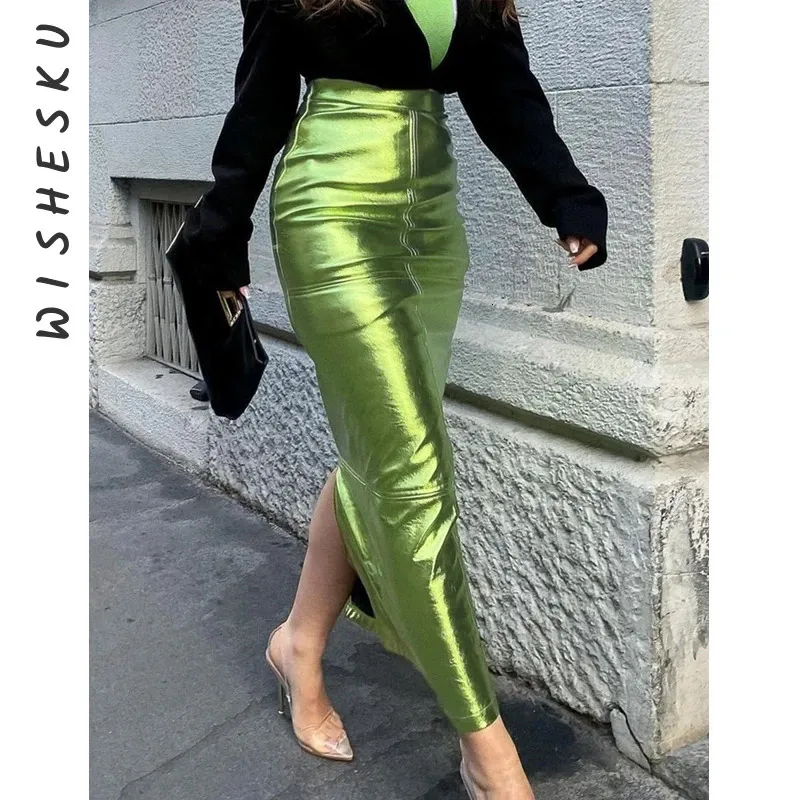 Sexy sparkly fenda luxo saias longas mulheres cintura alta metálico verde magro maxi saia verão elegante festa de aniversário roupas 240314