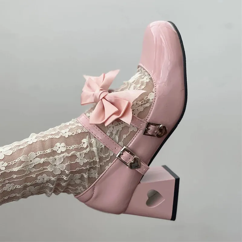 Pink Mary Jane Lolita Shoes Women Autumn Y2K Patent Leather Low Heels Pumps Woman Silk Bowtie Ankle Straps Party Shoes 240314