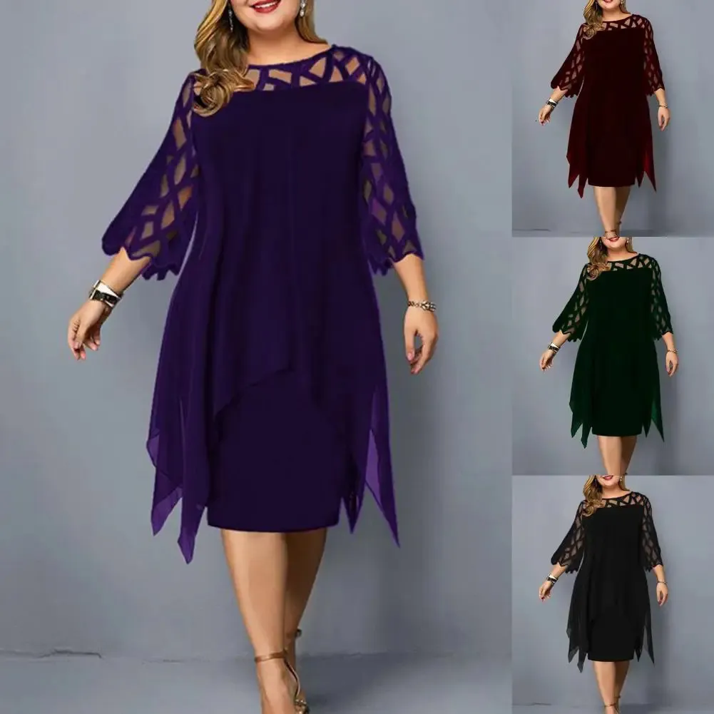 Plus Size Dresse 5xl Lace Mesh Sexig Elegant Midi Party Black Purple Dress Loose Hollow Out Womens Clothing Spring 240311