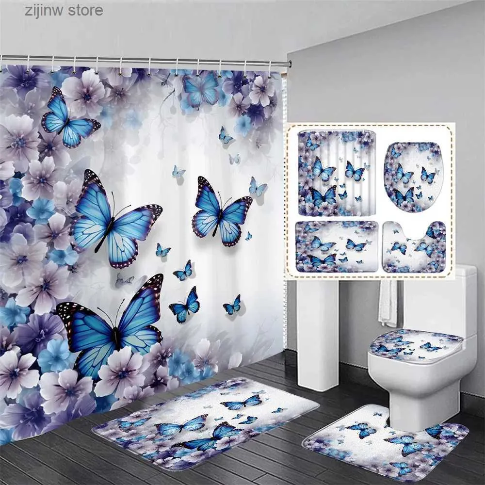 Duschgardiner Floral fjäril Duschgardin Set Purple Blue Flowers Plant Bath Curtain med badmattor Toalett täcker badrumsdekor Dörormat Y240316