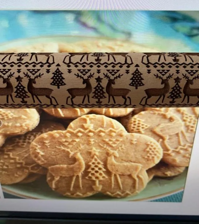 NY JUL ELK PRINT ROLLING PIN BAKEWARE TRÄ LASER -gravering Präglad rullande stift Cookie Dry Noodle Gravering Roller Wholesal9830409