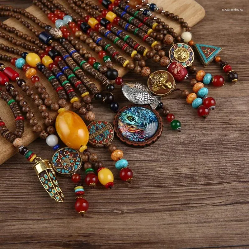 Pendant Necklaces Retro Nepal Necklace Buddhist Mala Mantra Wood Beads Ethnic Feather Horn Fish Long Statement Jewelry Women Men