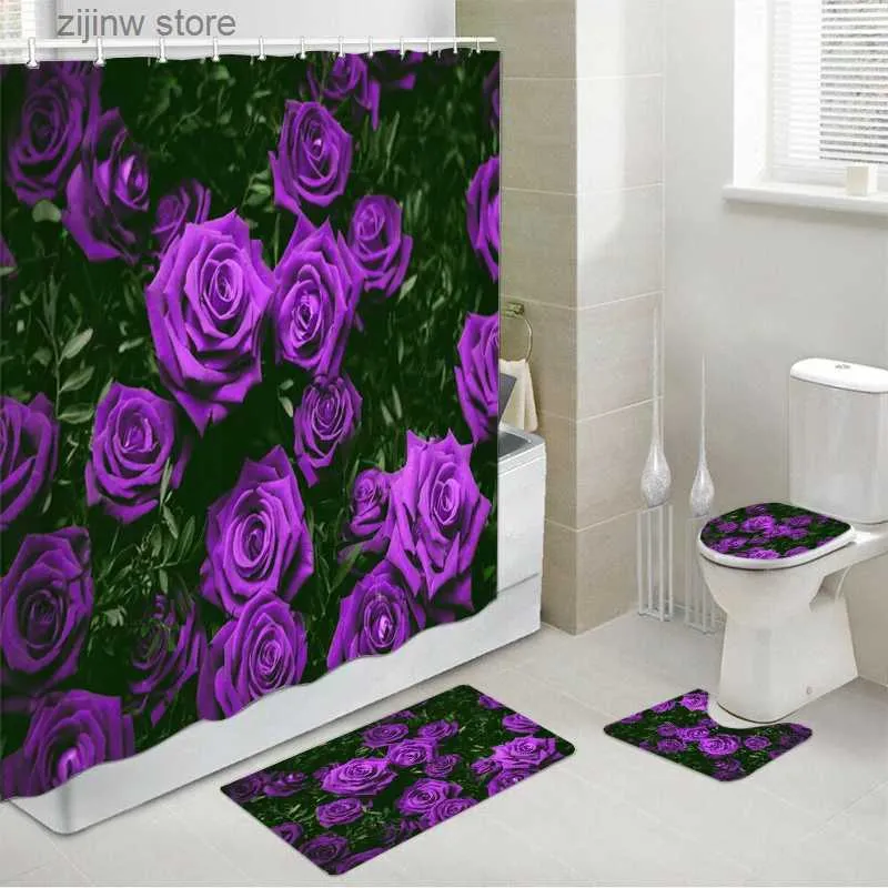 Duş Perdeleri Gül Çiçekleri Banyo Duş Perdesi Set Mor Çiçek Bitkileri Polyester Banyo Dekoru Halı kaymaz Banyo Mat Rug Tuvalet Kapağı Kapak Y240316