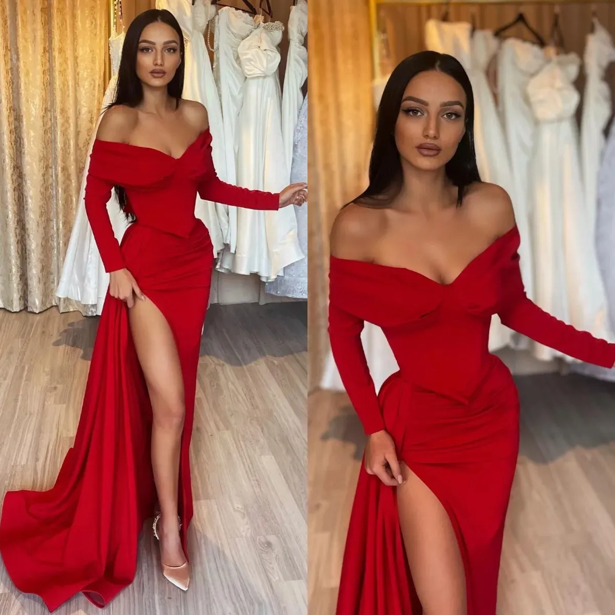 Robes de bal fourreau rouge sexy côté haut fendu sur l'épaule robes de soirée longues simples pour femmes corset en satin à manches longues Pageant anniversaire robe d'occasion spéciale