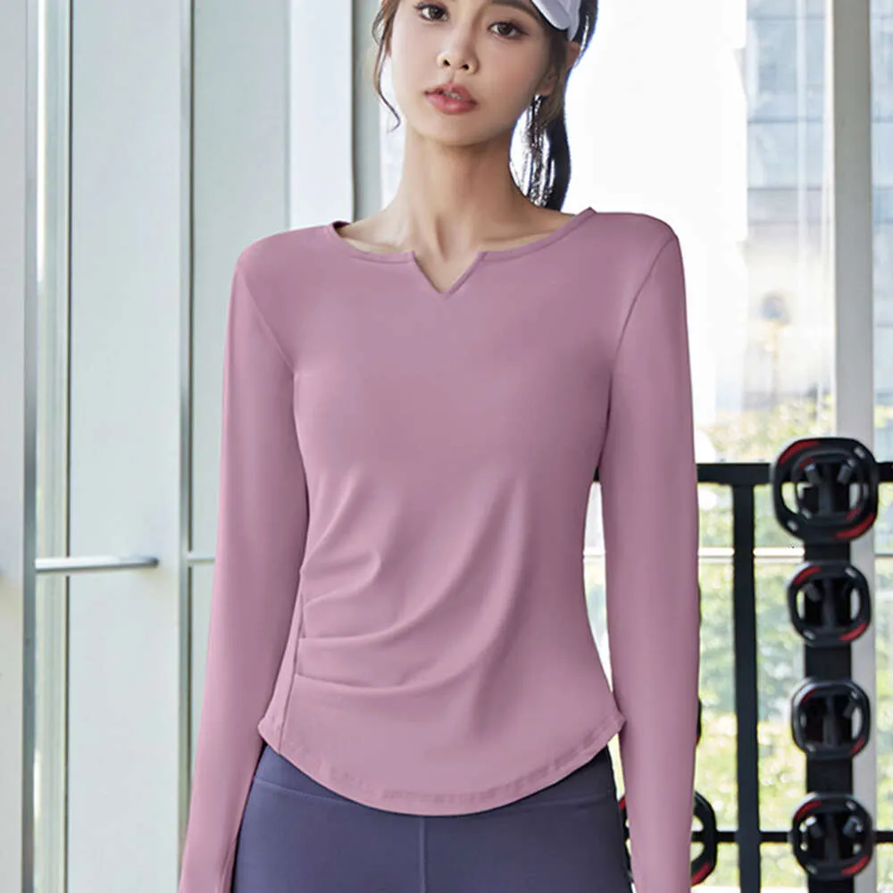 Camicia sportiva da donna Manica lunga Foro per il pollice T-shirt sportiva Allenamento di palestra Top Fiess Sportwear Scollo a V Orlo piega Corsa Abbigliamento yoga