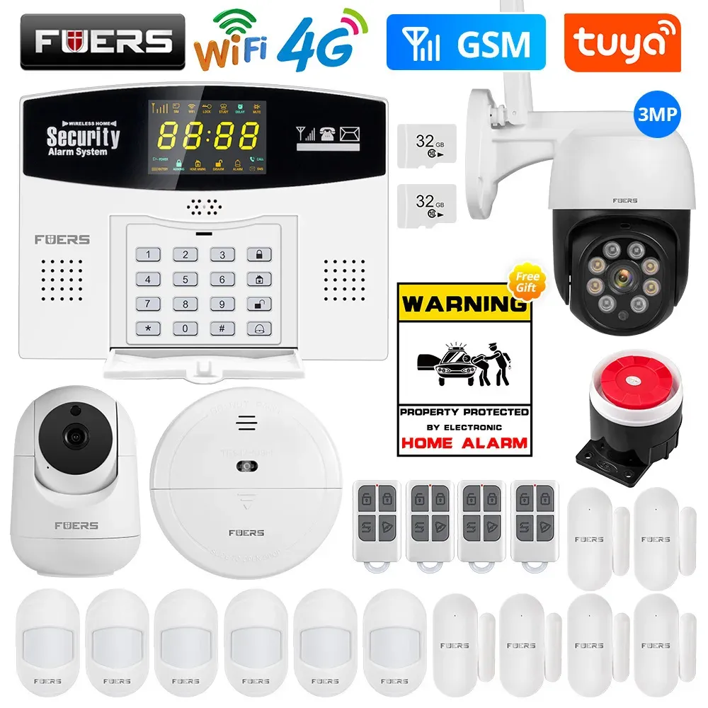 Tape Fuers W214 4G WiFi Tuya Smart Alarm System Wireless Burglar GSM Smart Home Security Alarm Control LCD Display IP Camera