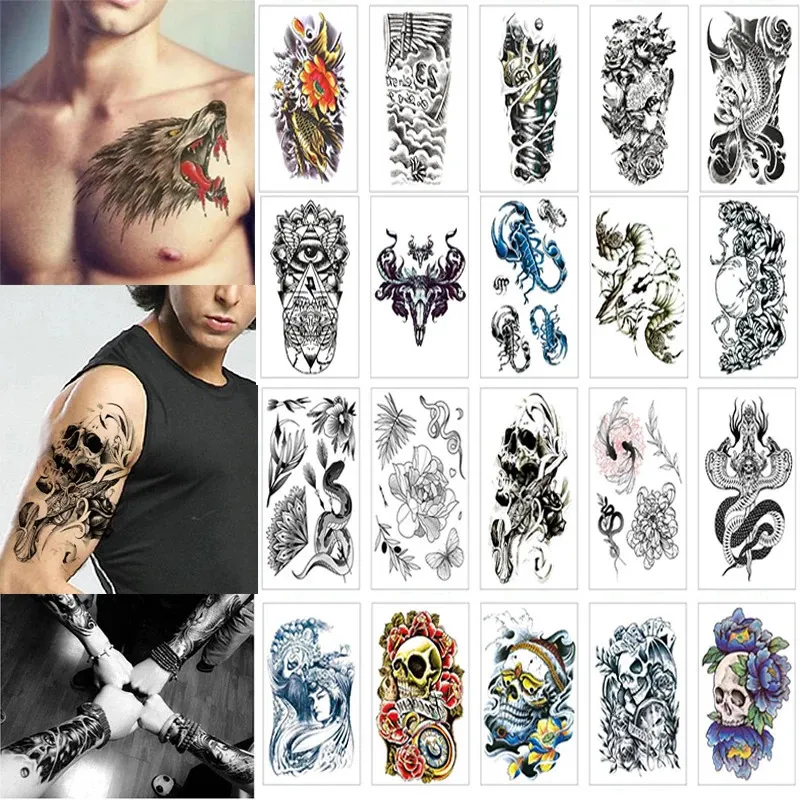 100 Sheets Wholesales Waterproof Fake Temporary Tattoo Man Women Cool Arm Leg Art Sleeve Glitter Eagle Black Sticker 240311