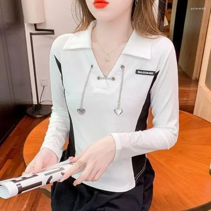 Women's Polos White T Shirts Long Sleeve Polo Neck Clothes Shirt Crop V Korean Style Offer Synthetic Cute Top Cotton