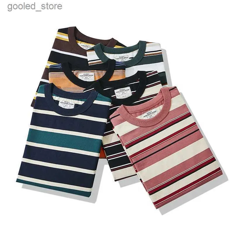 Men's T-Shirts Ok1124 Irregular Stripe T-shirt Mens 230g Heavy Quality Casual Contrast Short sleeved Loose O-neck Tee Top Q240316