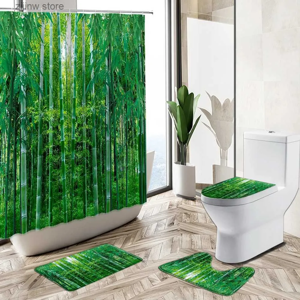 Rideaux de douche Feuille verte bambou forêt paysage rideau de douche ensemble printemps plante paysage salle de bain baignoire antidérapant piédestal tapis couverture de toilette Y240316