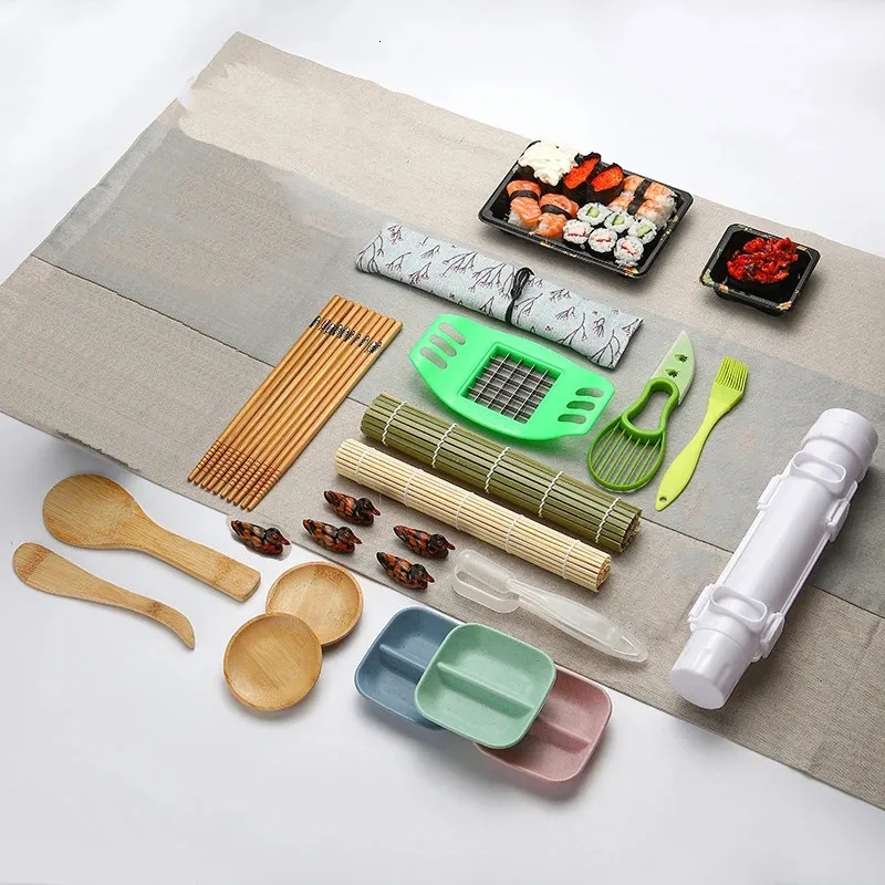 Fabricante de sushi conjunto máquina molde bazuca rolo kit carne vegetal rolando esteira de bambu diy ferramentas cozinha gadgets acessórios 240304