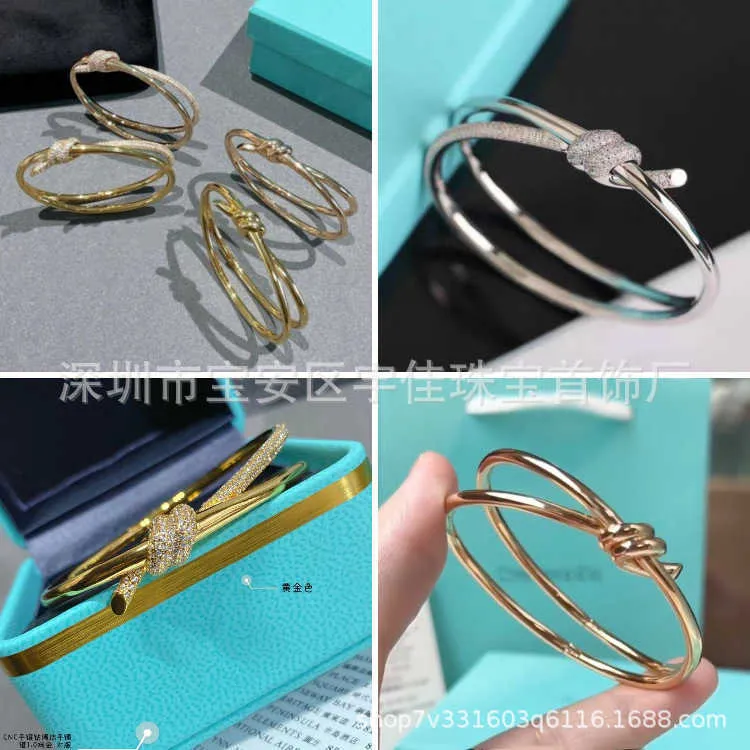 Tifaniym Classic T Knot Bilezik 925 STERLING Gümüş Kaplama 18K Altın Yüksek Baskı Çift Katman