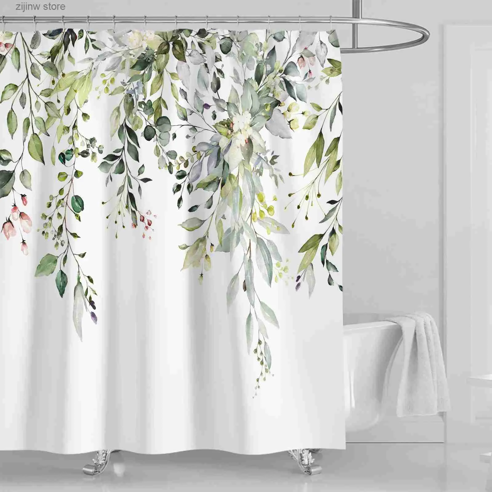 シャワーカーテン上部の水彩の葉の上部の植物の葉のシャワーカーテンと花の浴室の装飾180 * 180cmフックY240316