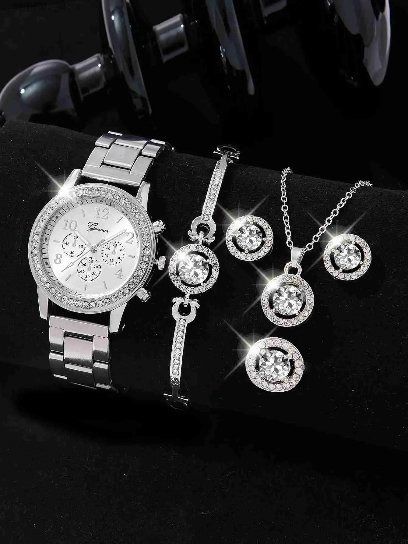 Altri orologi 5 pezzi Set argento lusso donna anello collana orecchini strass moda polso femminile casual es braccialetto set Y240316