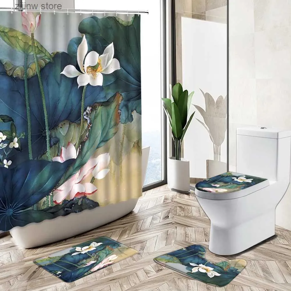 Duschgardiner lotus blomma oljemålning dusch gardin växt blommig europeisk stil hem badrum dekor inte halk matta toalett täcker badmatta set y240316