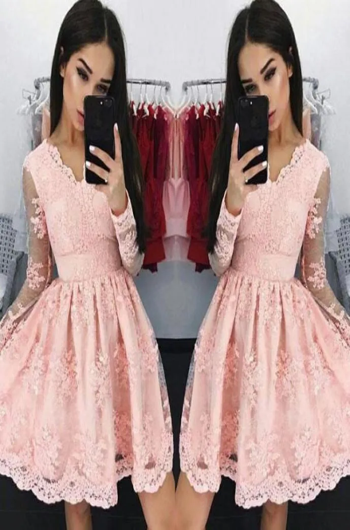 2018 NY Sweet Pink V Neck Short Cocktail Dresses LongSleeves Aline Lace Applique Mini Homecoming Dresses Cheap8227760