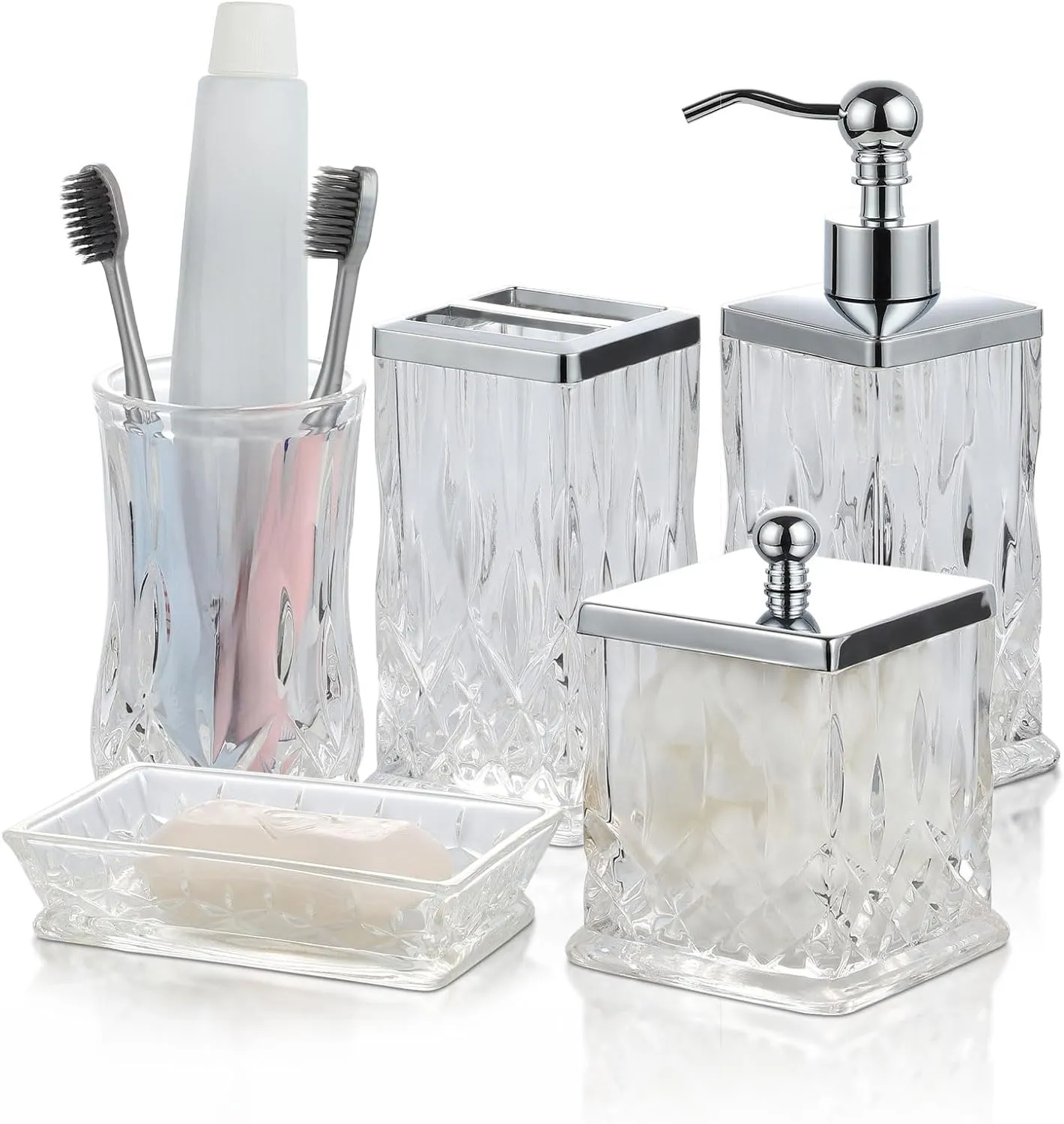 Pyzx -Home Glass Badrumstillbehör Set - Luxury 5 Piece Set Include Lotion Dispenser, Soap Dish, Tandborstehållare, tumlare, bomullskuddar, modern badrumsdekor