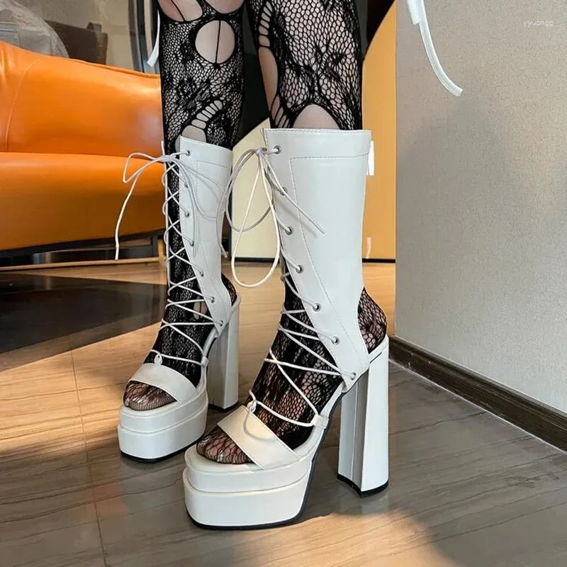 Сандалии BLXQPYT, женские 2024, туфли на высоком каблуке, со шнуровкой и квадратным носком, пикантные модные туфли на платформе для ночного клуба, вечеринки, большие туфли, летние ботинки 2024-4