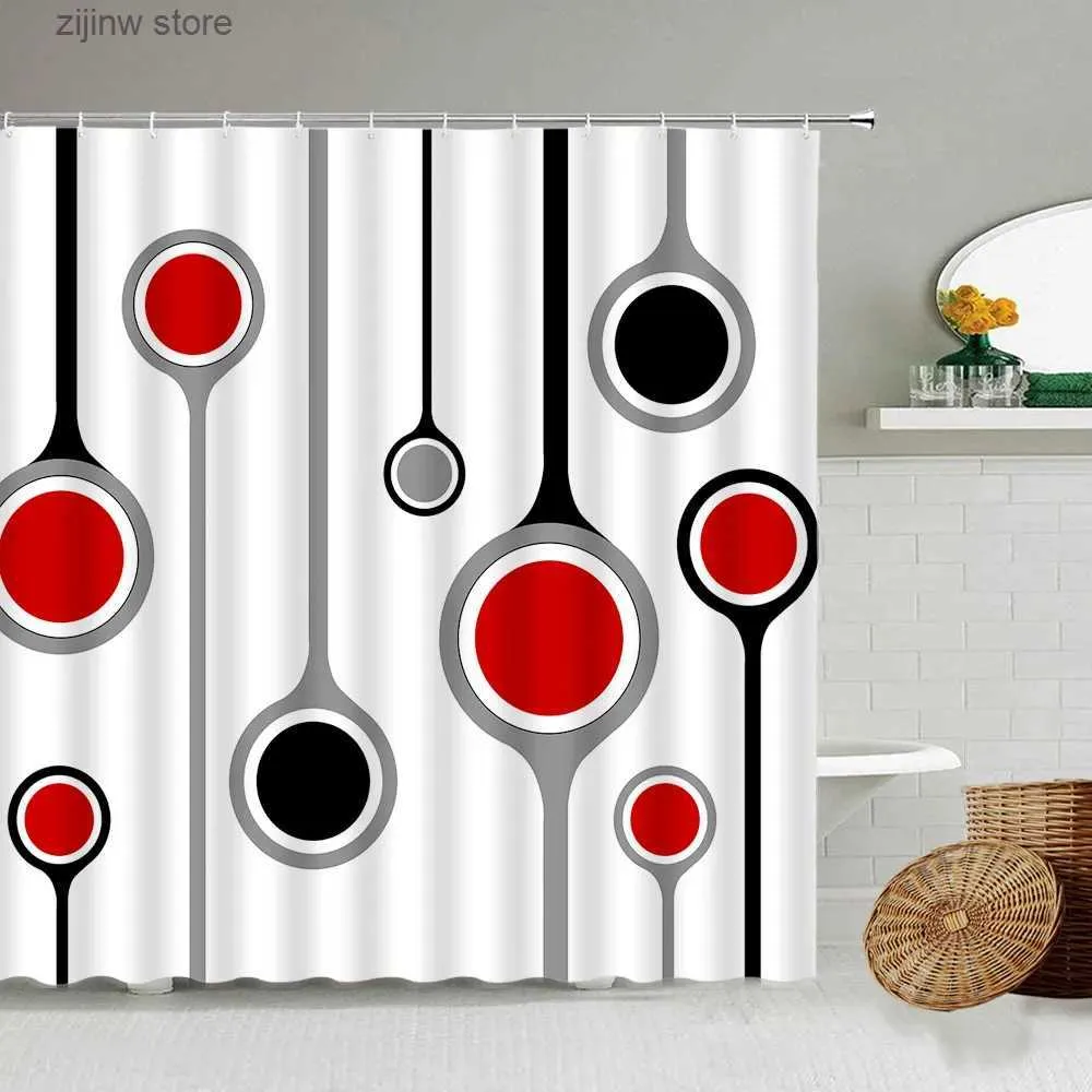 Douchegordijnen Geometrisch Douchegordijn Rood Zwart Grijs Rond Creatieve Abstracte Kunst Modern Minimalistisch Stof Badkamer Decor Badgordijnen Sets Y240316