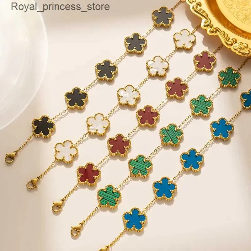 Conjuntos de joias de casamento de luxo em aço inoxidável feminino dupla face cinco flores trevo feminino nova moda acessórios de joias presente Q240316