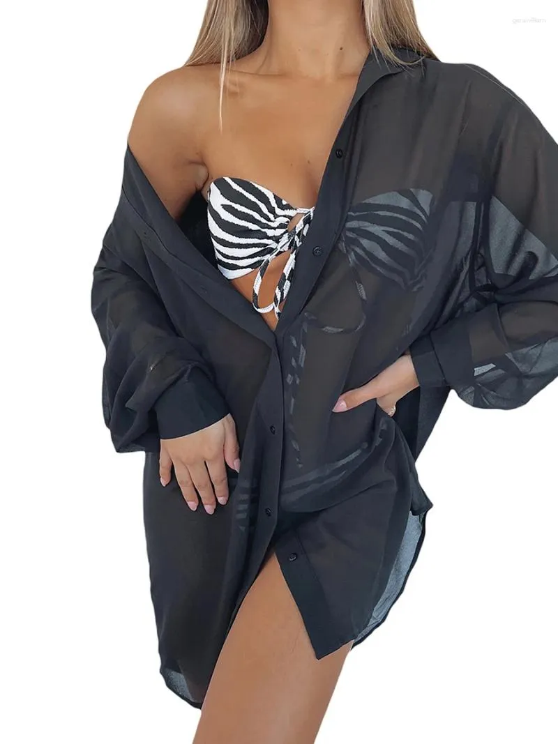 Maillot de bain à manches longues pour femmes, couleur unie, chemise boutonnée, Cover-up pour les costumes de bain, vêtements de plage