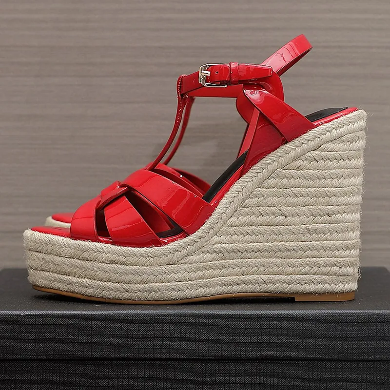 Summer Fashion Female Wedge Sandals 2024 New Narrow Band Upper Appear Thin Platform High Heel Sandals Handmade Weave Design Round Head Open Toe Ladies Shoes