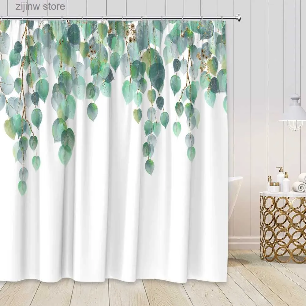 Shower Curtains Green Leaves Shower Curtain Sets Watercolor Leaf Golden Branch Simple Home Decor Polyester Fabric Bathroom Curtains with Hooks Y240316