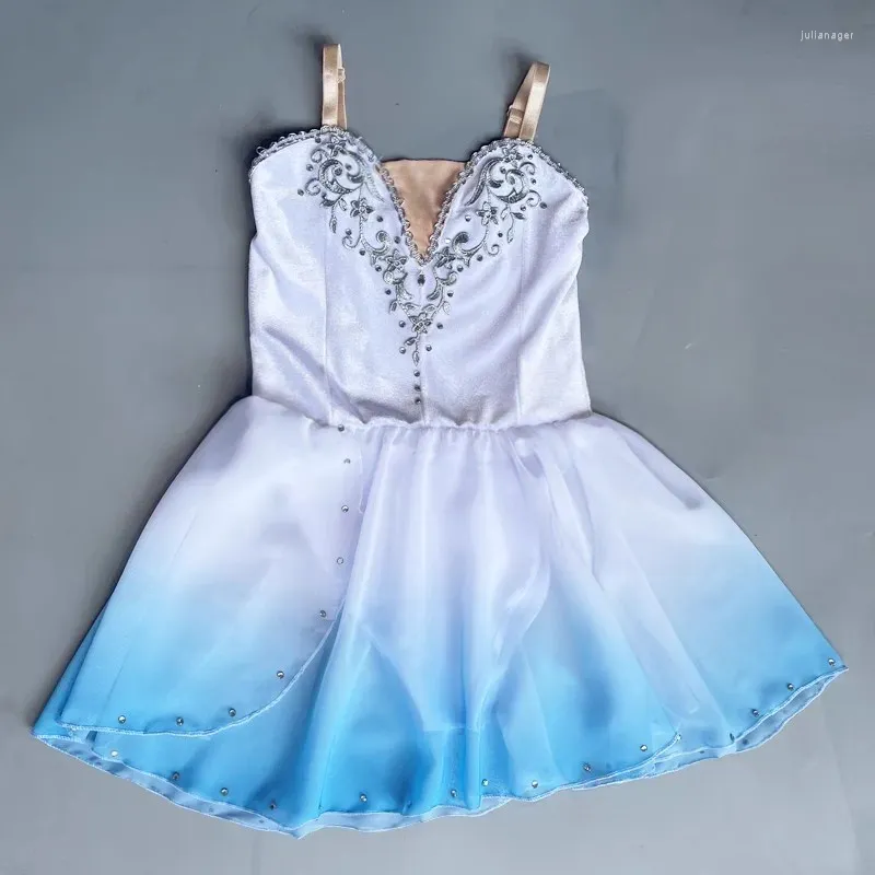 Stage Wear Robe de ballet en mousseline de soie pour filles Cupidon Dance Justaucorps Performance Bleu clair Adulte Enfants Jupes Costumes Dégradés