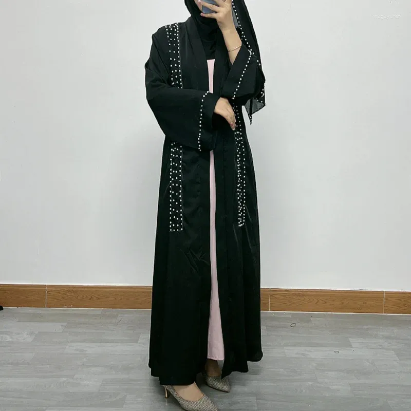 Abbigliamento etnico Donna Eid Musulmano Abaya Manica lunga Dubai Cardigan Diamanti Abaya Caftano Abiti Arabo Modesto Cintura Abito Perle Sciolto