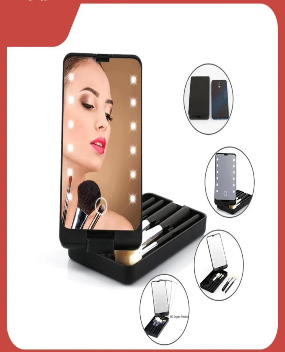 Przenośna dama LED LED Makeup Makeup Z szczotkami Organizer Składanie Dotknij SN SN Lustra 5PCS Pędzel Pudownia 12 LED Lampa Make Up Tools6887686