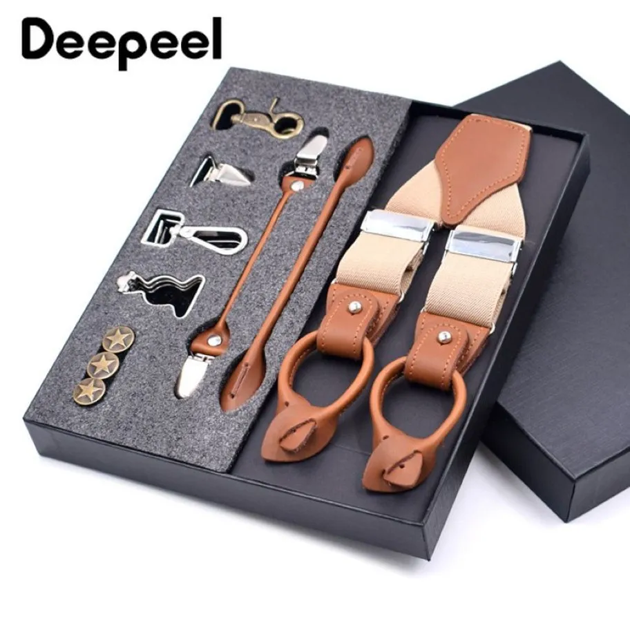 Deepeel 1set 3 5X125cm Business Men Suspenders Multi-set Suit 3 6 Clips DIY Genuine Leather Strap For Gift2407