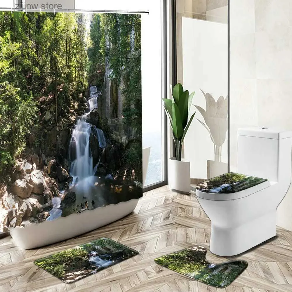 Duschgardiner skog vattenfall landskap badrum duschgardin set träd stenar gröna växter naturliga landskap matta toalett lock täcker badmatta y240316