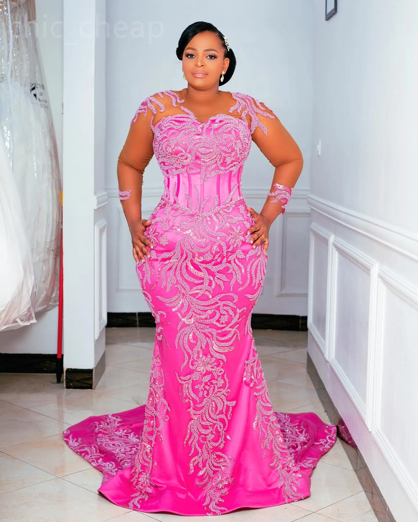 2024 Aso Ebi Fuchsia Mermaid Prom Dress Sequined Lace Sheer Neck Evening Formal Party Second Reception 50th Birthday Engagement Gowns Dresses Robe De Soiree ZJ174