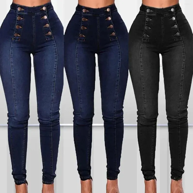 Jeans femininos cintura alta mulheres skinny denim calças elásticas duplo breasted slim fit calças streetwear lápis lavado baggy