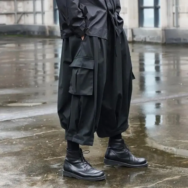 Calças masculinas homens casual grande bolso carga gênero 2024 moda esportes estilo escuro cordão solto simples streetwear unisex