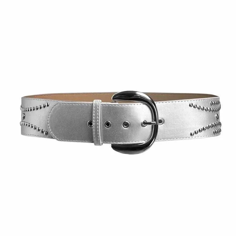 Ceinture à large bord argentée personnalisée pour fille épicée, en cuir riveté Y2K, Style Punk, couverture de taille ancienne, 240315