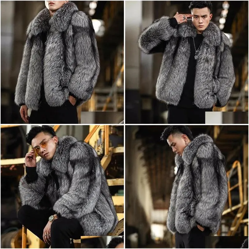 Mens Leather Faux High Quality Furry Fur Coats And Jackets Sier Gray Fluffy Top Coat Turn Down Collar Thick Warm Winter Jacket Man Dro Dh7Ot