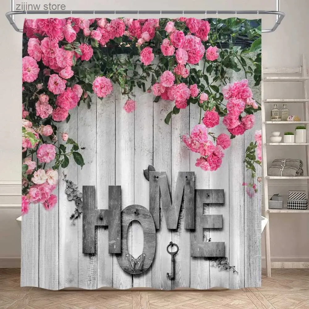 Cortinas de chuveiro flores rosa cortinas de chuveiro vintage planta de madeira cinza plantas florais jardim casas parede pendurada decoração de cortina de banheiro com ganchos y240316